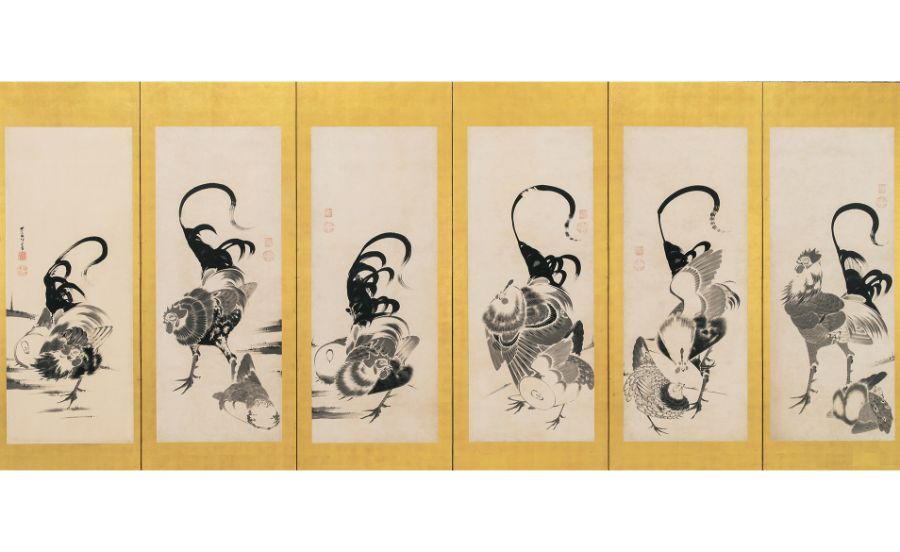 伊藤若冲「群鶏図押絵貼屏風」左隻