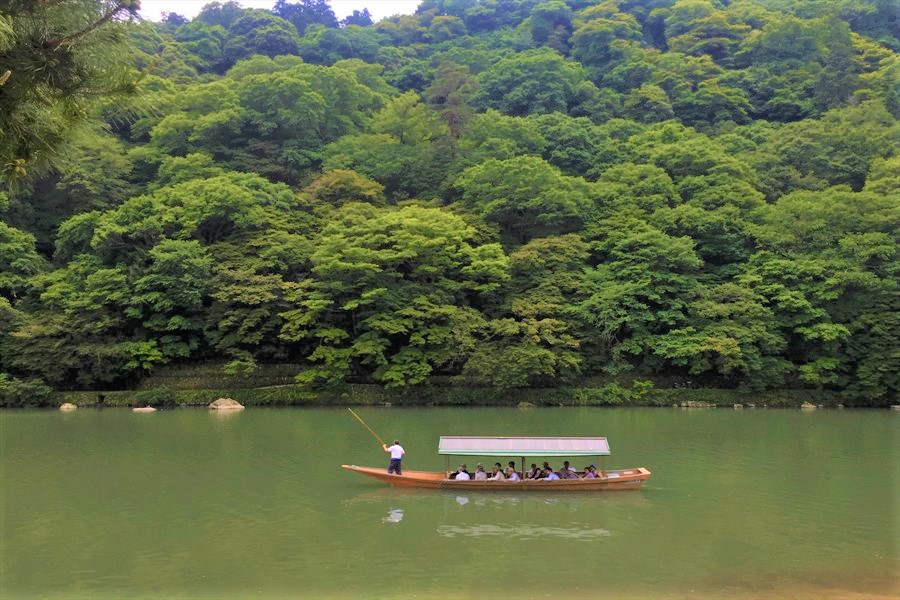 桂川をゆっくり進んでいく屋形船