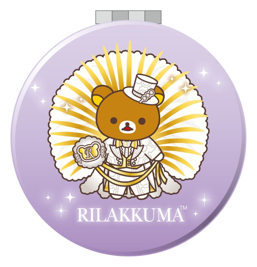 紫のコンパクトミラーの表には羽根とシャンシャンを持つリラックマ