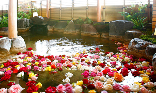 温泉に浮かべられたバラの花