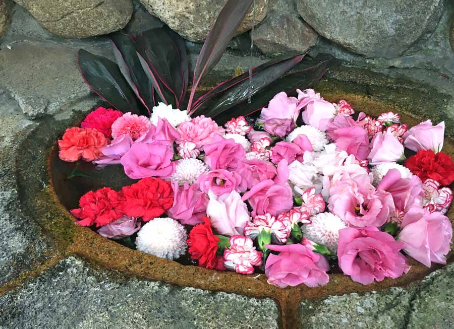 バラなどを使用したゴージャスな花手水