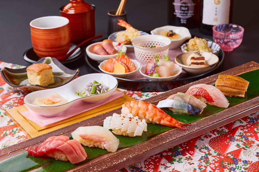 個室和室燈花の豪華な鮨ランチ
