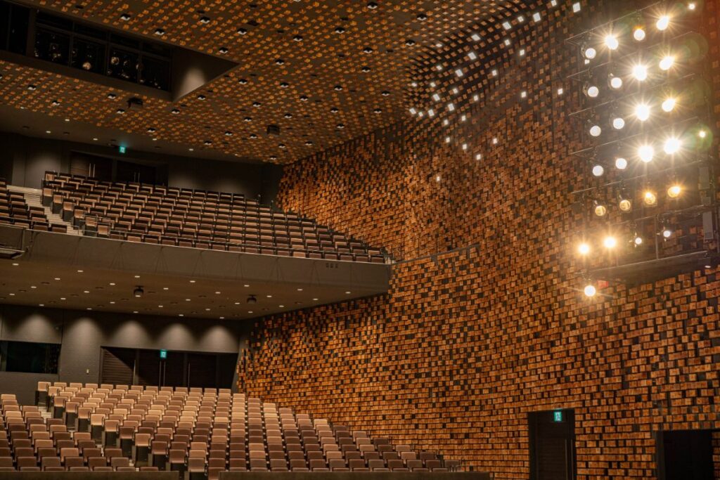 天井と壁いっぱいに設置された木製キューブ