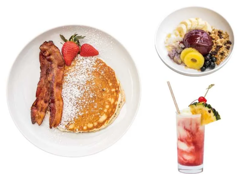 「シェラトン・ワイキキ・ビーチ・リゾート」のワイキキアサイーボウル、ヴァージンラバフロー、カハナモクパンケーキ ドリンクセット