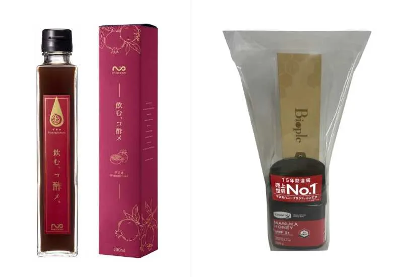 「ミコアス」飲む、コ酢メ。ザクロ(200ml) 1,950円、「コンビタ」のマヌカハニーUMF5+オリジナル木製スプーン付き(250g) 3,888円